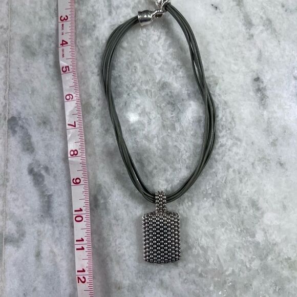 Artisan Olive Leather and Stamped Silver Pendant Necklace - Picture 3 of 15